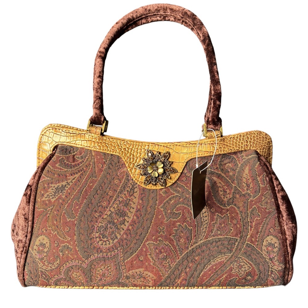 90s Chicago Marshall Fields Paisley Bag Purse Golden Croc Trim Velvet handles